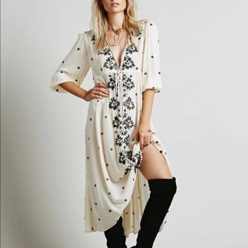 Free People Embroidered Fable Midi Dress, White/Black S